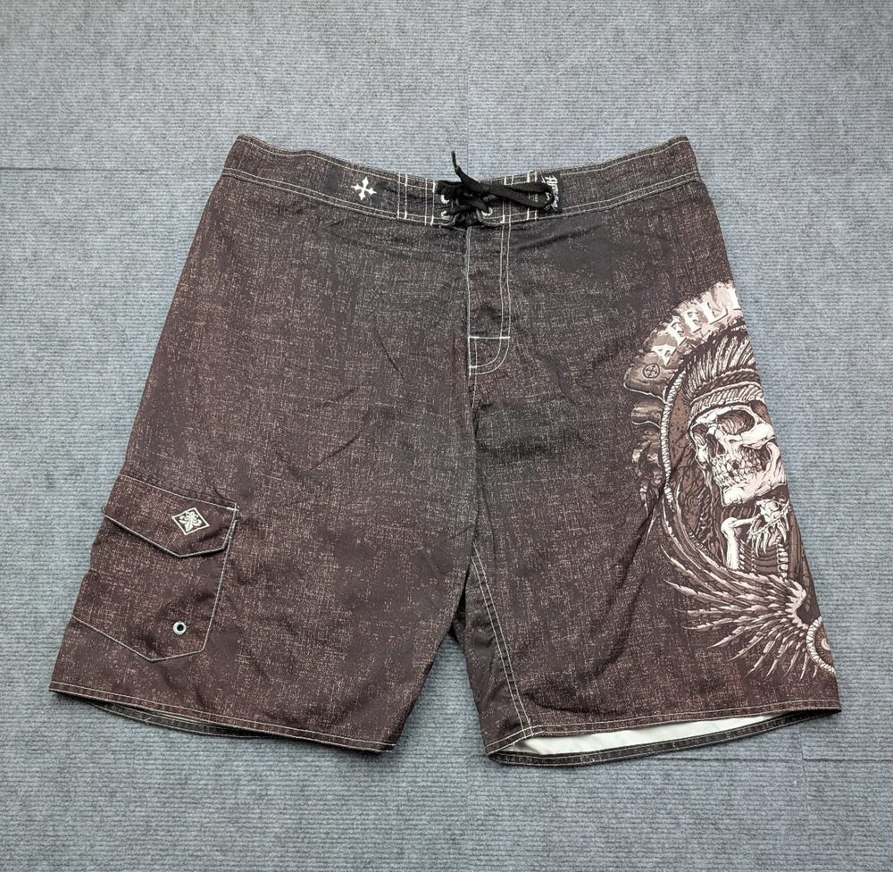 Affliction Board Shorts Mens 38 Cargo Swim Trunks Skull Y2K Grunge Tribe Baggy